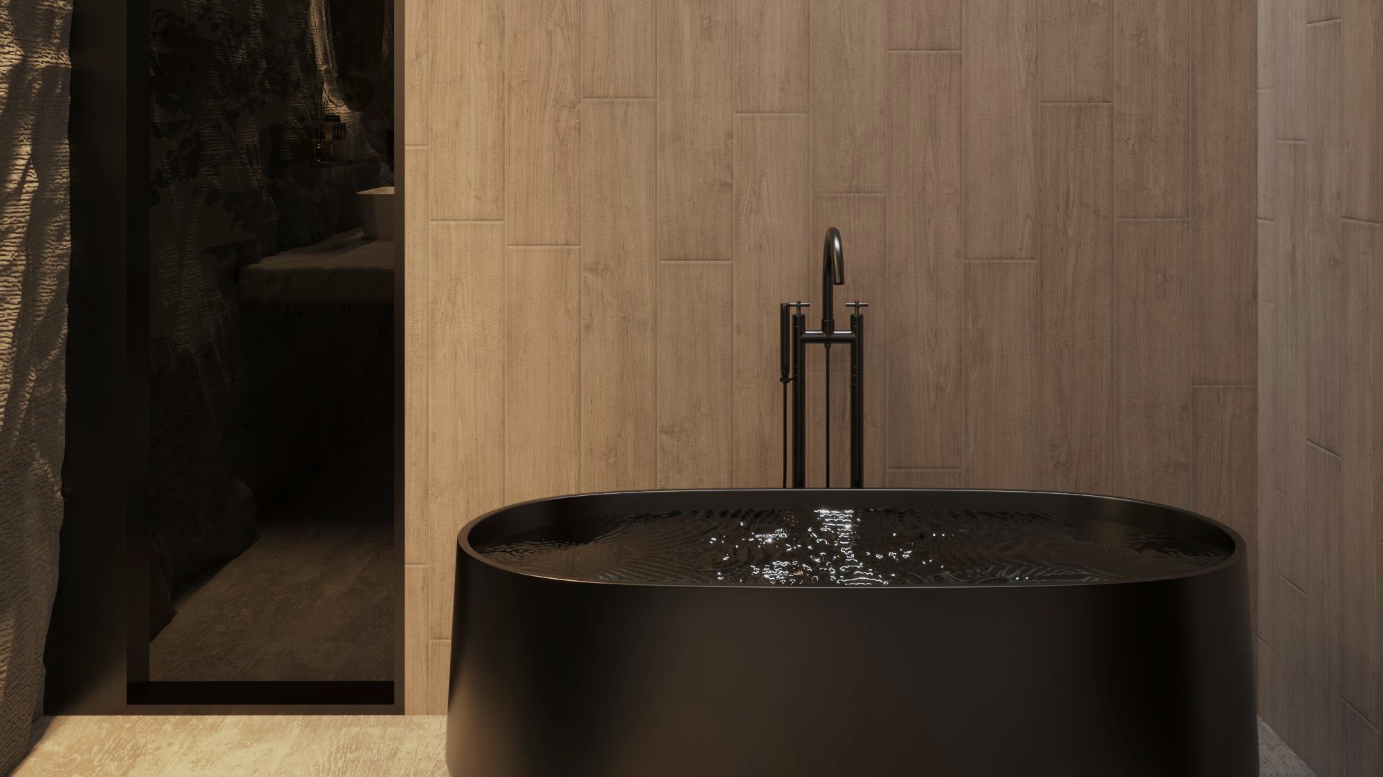 A dark freestanding tub in a timber-lined room, lit low