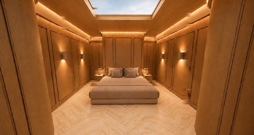 Artist’s impression of a Pavilion bedroom lined in timber, with a skylight above the bed